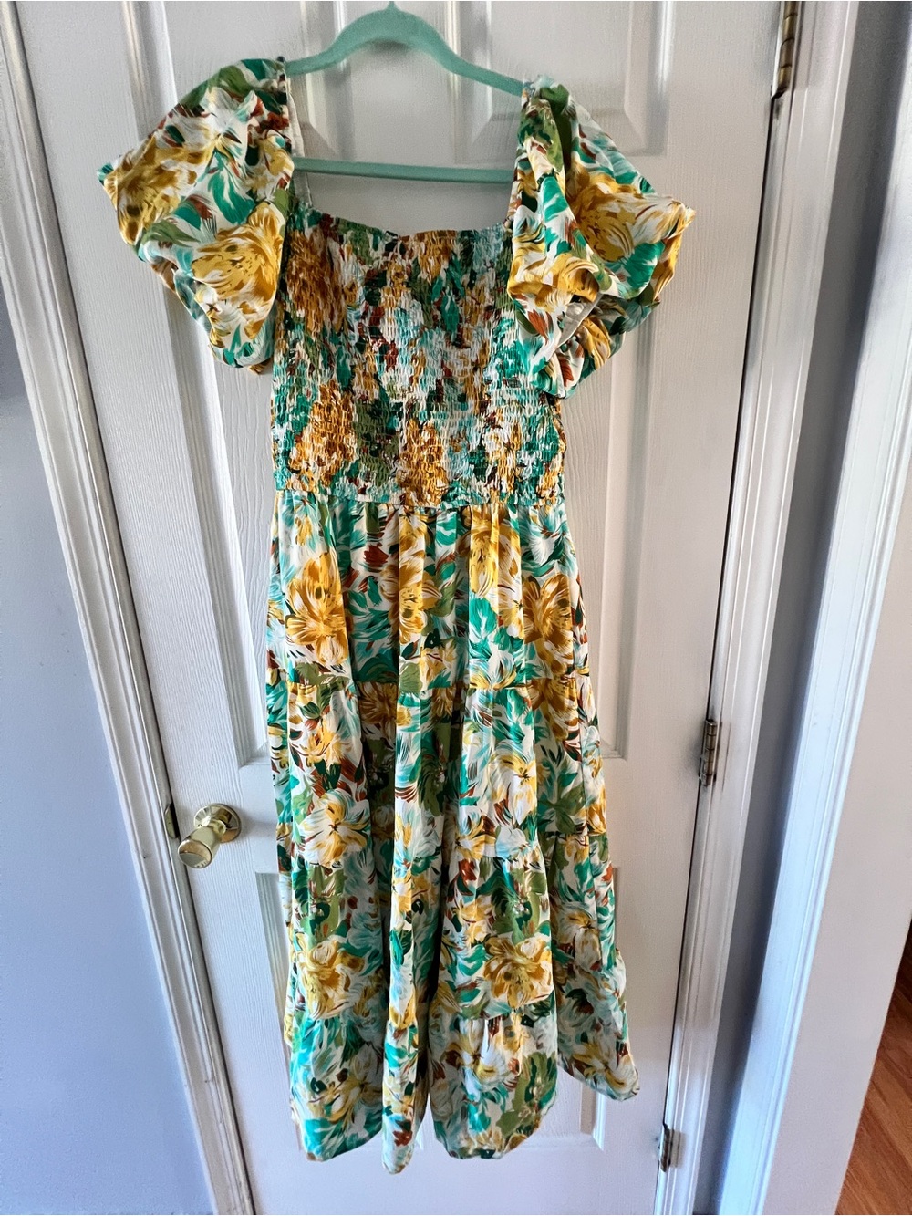 Smocked Floral Maxi Dress in Yellow & Green